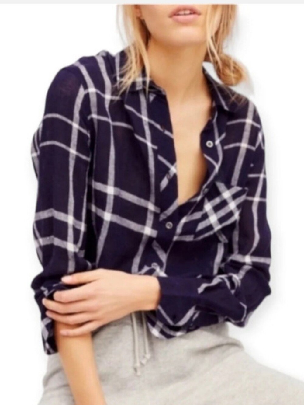 Rails X Free People Linen Blend Navy and White Plaid Button-Front Shirt Size Sm